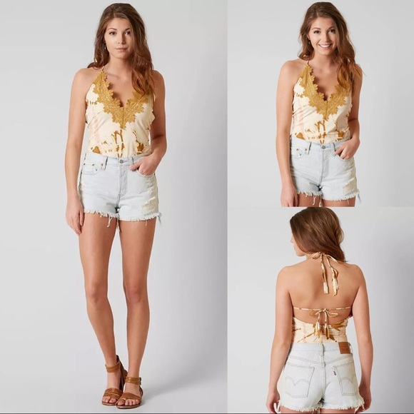 Gimmicks | Tie Dye Lace Halter V Neck Ruched Back Bodysuit Cream Mustard - Picture 1 of 14